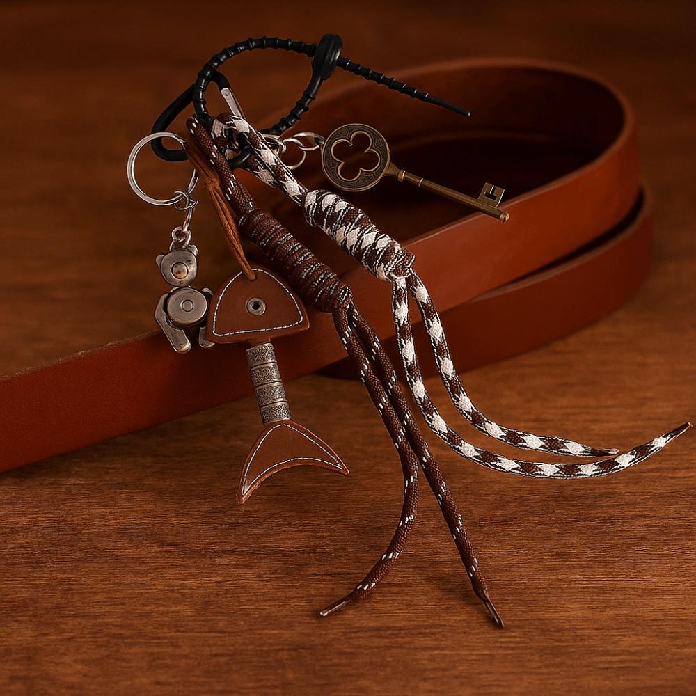 Bag Hanging Leather Fishbone Keychain Handmade Woven Ropes Keyring  Jewelry Accessories