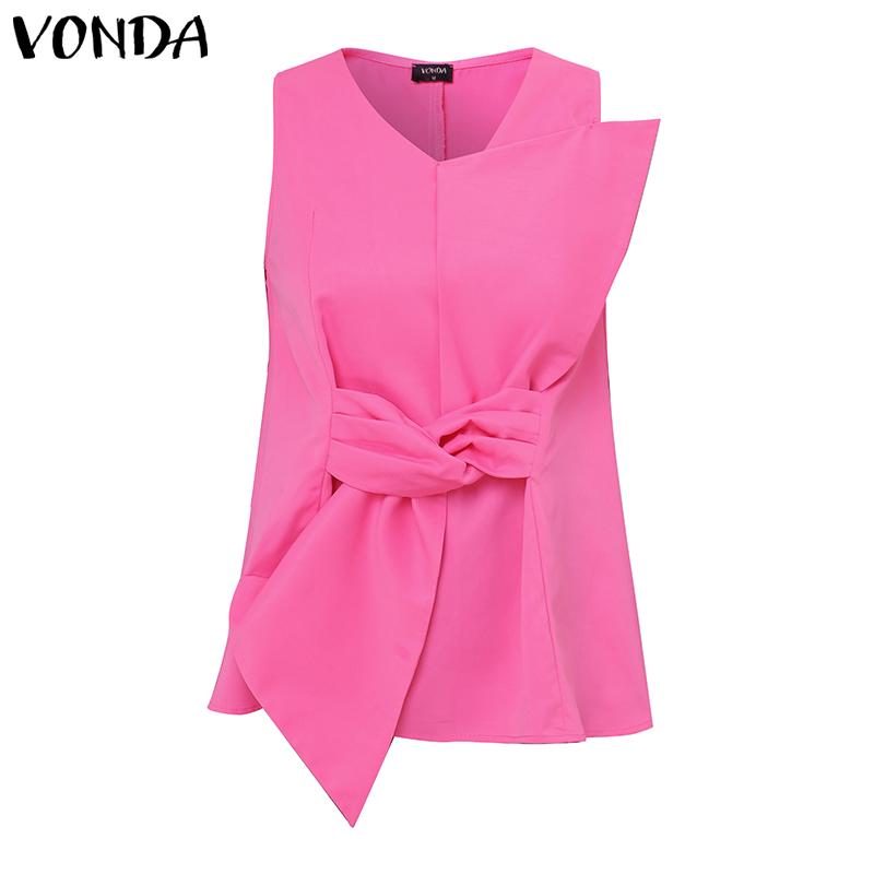 VONDA Women O Neck Sleeveless Front Knot Patchwork Solid Color Tank Tops