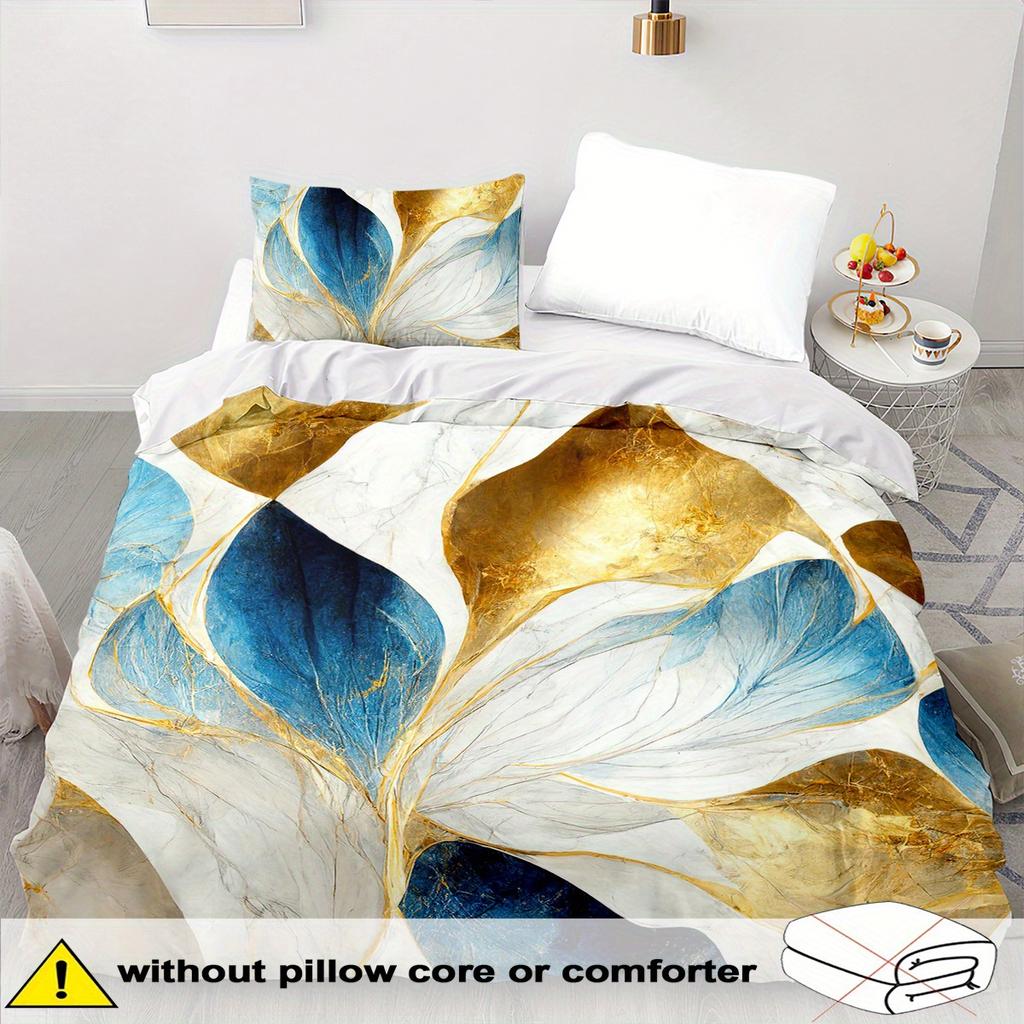 Leaf Theme Duvet Cover Set - 2/3pcs, Soft Comfortable Breathable, Botanical Print Bedding Set, Golden Leaf Print Duvet Cover Set