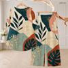 Women Plus Size White Printed Two Piece Set Round Neck Half Sleeve High Low Top Wide Leg Pants