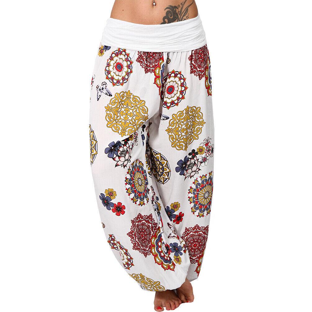Women's High Waist Printed Harem Pants Loose Wide Leg Long Trousers Elastic Fold Waist Casual Bohemian Digital Print Baggy Pants