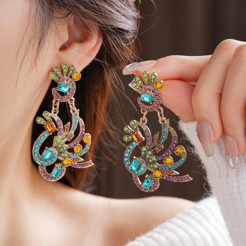 2025 Vintage Inlaid Rhinestone Jewelry Set for Women Silver Needle Peacock Flower Earrings Vintage Light Luxury Necklace for Wedding