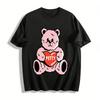 Süßes rosa Bär mit Herz-Aufdruck T-Shirt Damen Lässig Locker Rundhalsausschnitt Tägliches Oberteil Reines Baumwoll-T-Shirt