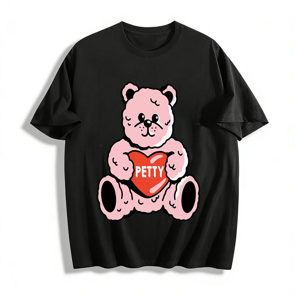 

Cute Pink Bear Holding Heart Print T-shirt Women Casual Loose Crewneck Daily Top Pure cotton T-shirt XXS