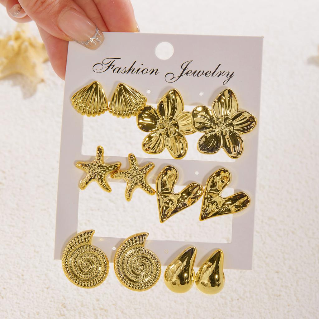 Vintage Gold Color Textured Starfish Shell Heart Stud Earrings Set For Women Chunky CCB Floral Earring Summer Aesthetic Jewelry