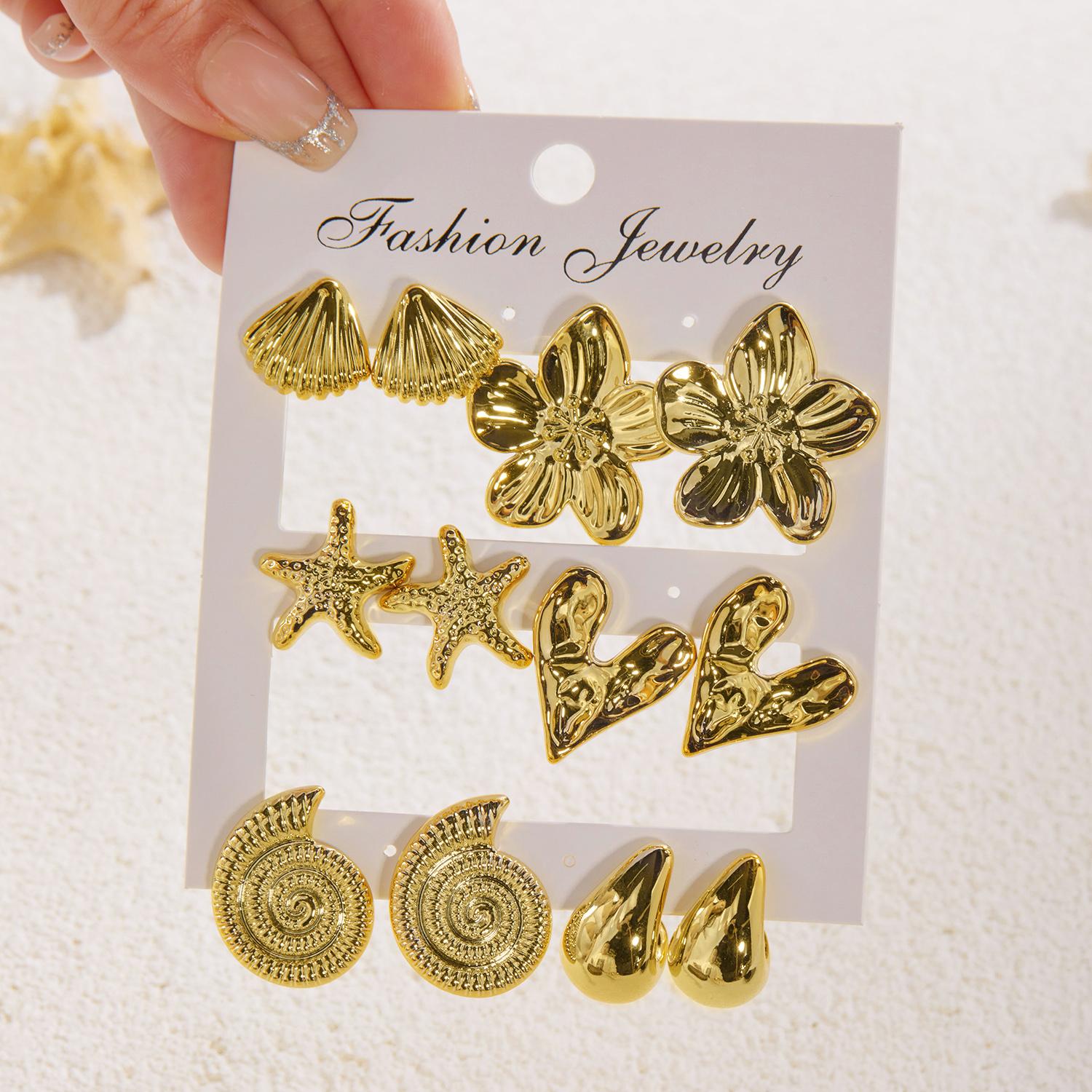 

6Pairs Boho Gold Ocean Earrings Set for Women Shell Starfish Flower Heart Studs Summer Beach Party Daily Wear Jewelry Gift