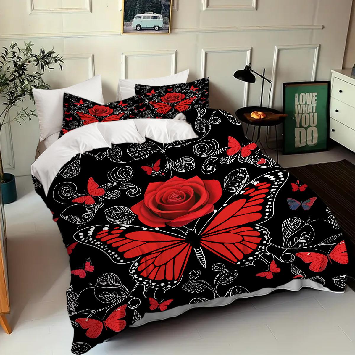 

Red Rose Butterfly 3D Printed Quilt Cover Elegant Luxury Style Bedding Set Soft Comfortable Home Textiles Duvet Cover Pillowcase 135x200cm 2pcs
