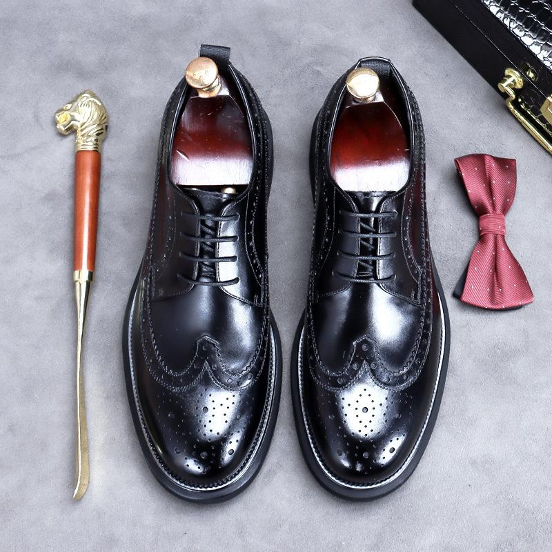 Fashion Handmade Leather Shoes Men Summer New Brogue Carved Business Dress Shoe Mens Black Casual Increase British Lace-Up Oxfrods