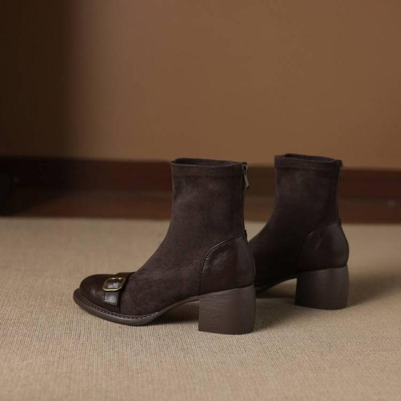 New elastic suede rear zipper Martin boots comfortable rear zipper solid color large size women's boots autumn and winter medium boots women's