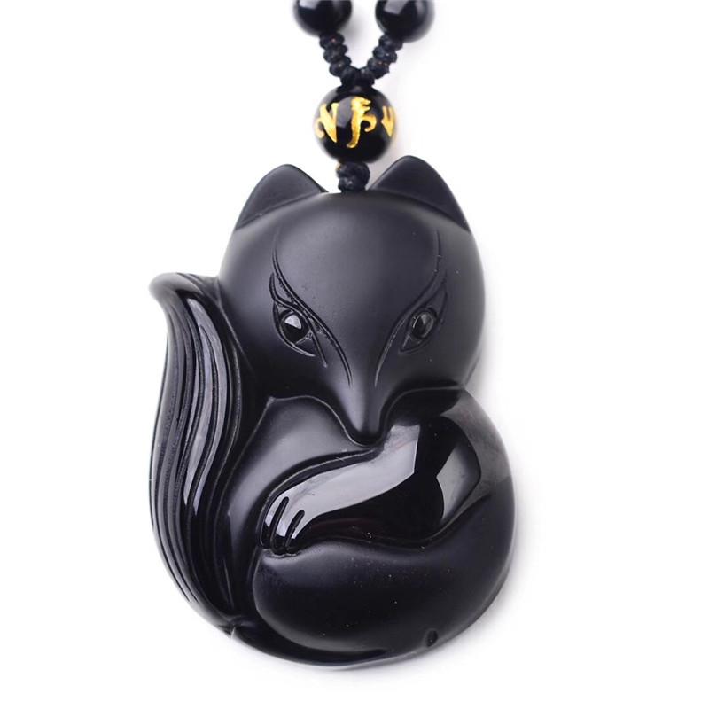 Vintage Exquisite Obsidian Fox Pendant Beaded Chain Necklace Charm Unisex Amulet Jewelry Gift