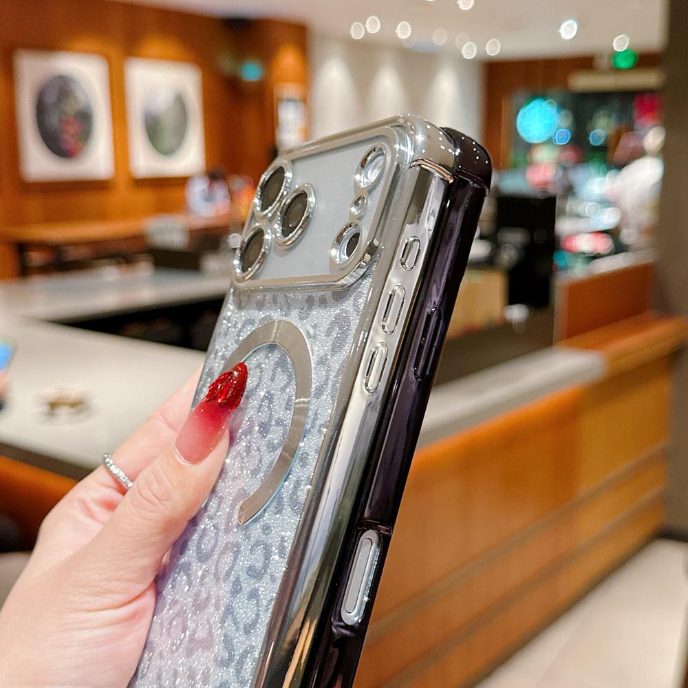 KEYSION Glitter Leopard Print Magnetic Phone Case for iPhone 13 14 15 16 17 Pro Max 17 Air 16 Plus With Plush Lanyard Shockproof Cover