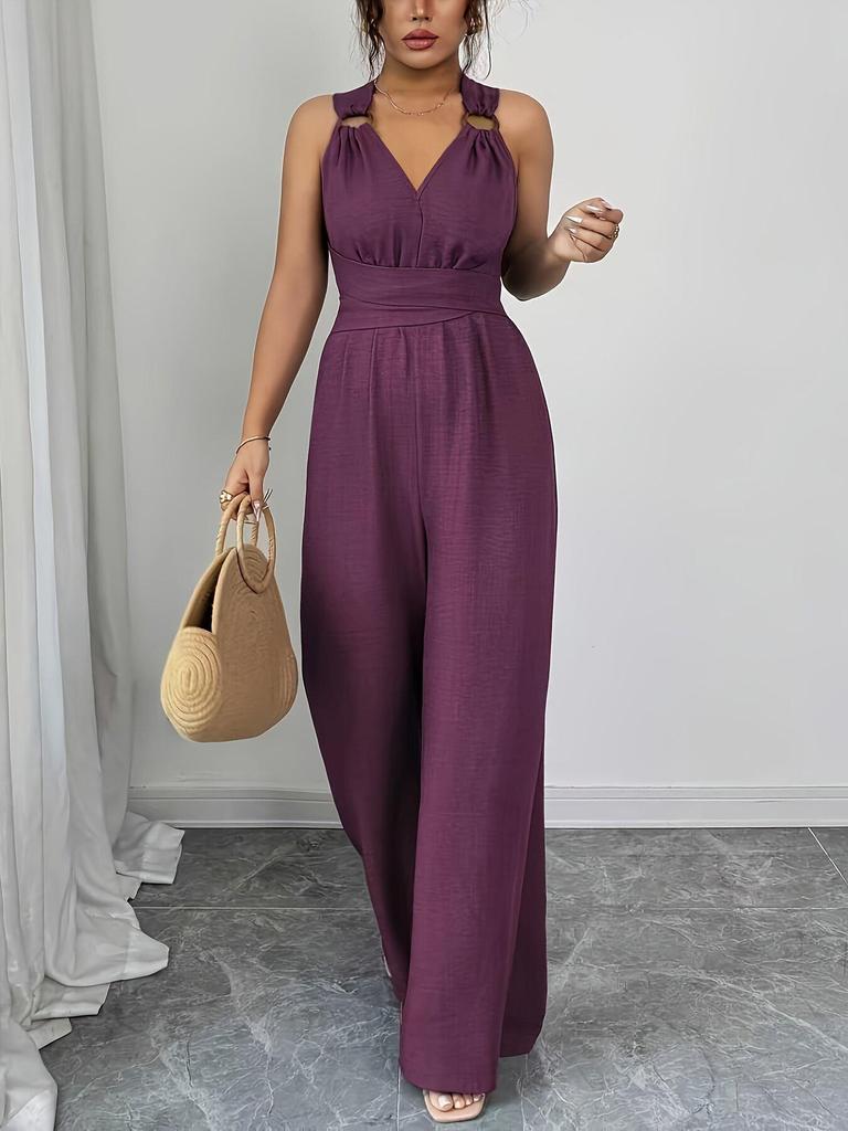European Women's 2025 V-Neck Backless Cross-Waist Wide-Leg Jumpsuit