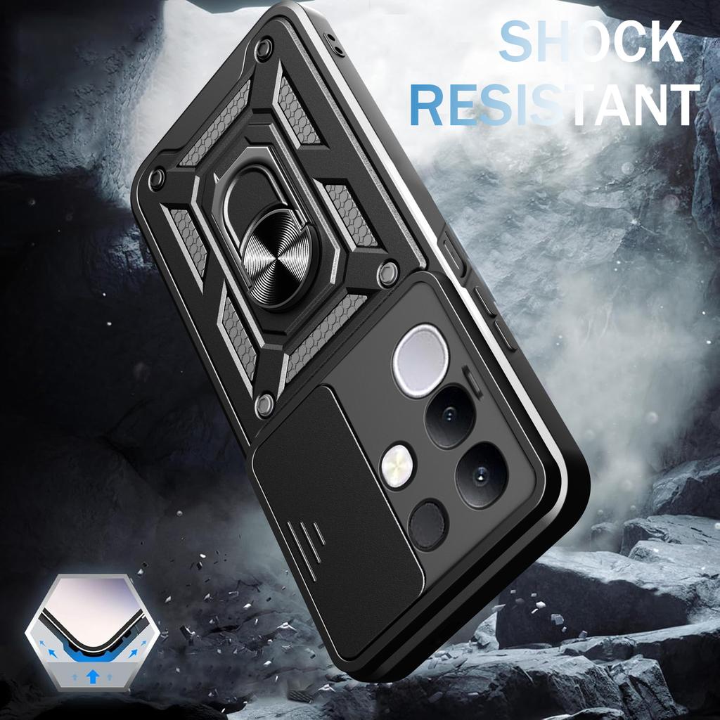 For Vivo Y29 4G Case with Slide Camera Lid PC+TPU Kickstand Phone Cover