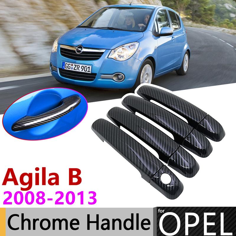 Black Carbon Fiber Door Handle Cover for Opel Agila B Vauxhall 2008~2014 2011 2012 2013 Accessories Stickers Trim Set Chrome