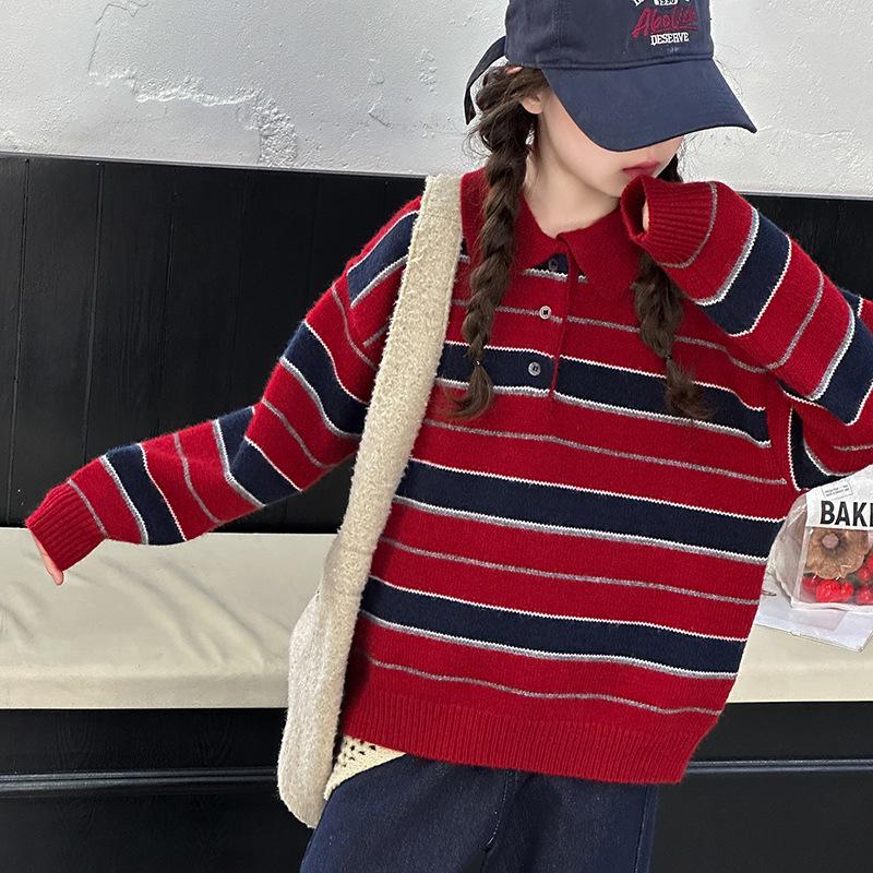 2025 Stickad polotröja med ränder för flickor - Höst/Vintermode för barn