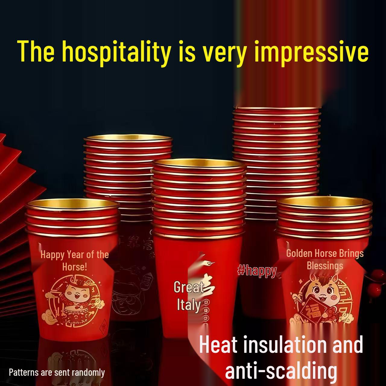 2026 Year of the Horse Spring Festival Disposable Paper Cups - New Year Celebration Heat Resistant 4 Pack