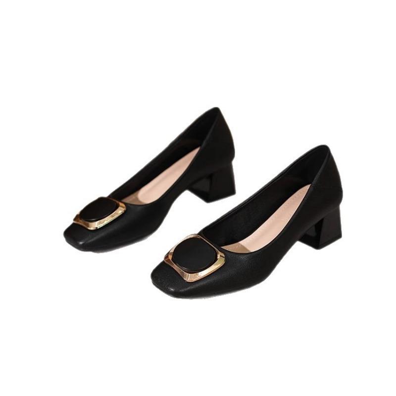 Spring and Summer New Thick Heel Square Head Shallow Mouth Medium Heel Single Shoes Women's Black Work Shoes