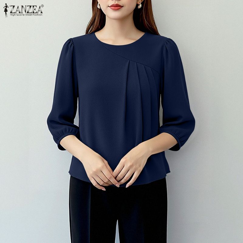ZANZEA Blouse Décontractée Femme Col Rond Couleur Unie Manches 3/4