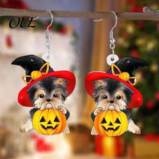 Cute Halloween Gift for Her Witch Hat Puppy Earrings, Dog Pumpkin Drop Rust-proof Curved Ear Hooks Lightweight Acrylic Jewelry, Accessories