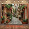 Italienische Toskanische Gasse Wandteppich, Kopfsteinpflasterstraße mit Blumen Hintergrundtuch, Heimdekoration