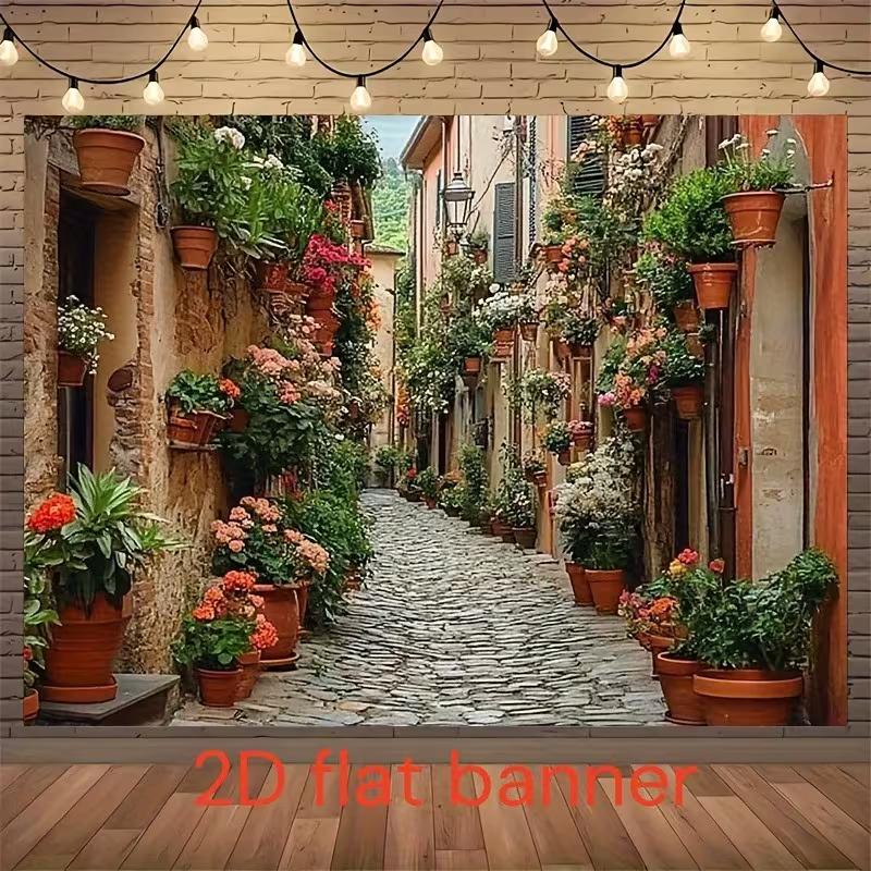 Italienische Toskanische Gasse Wandteppich, Kopfsteinpflasterstraße mit Blumen Hintergrundtuch, Heimdekoration