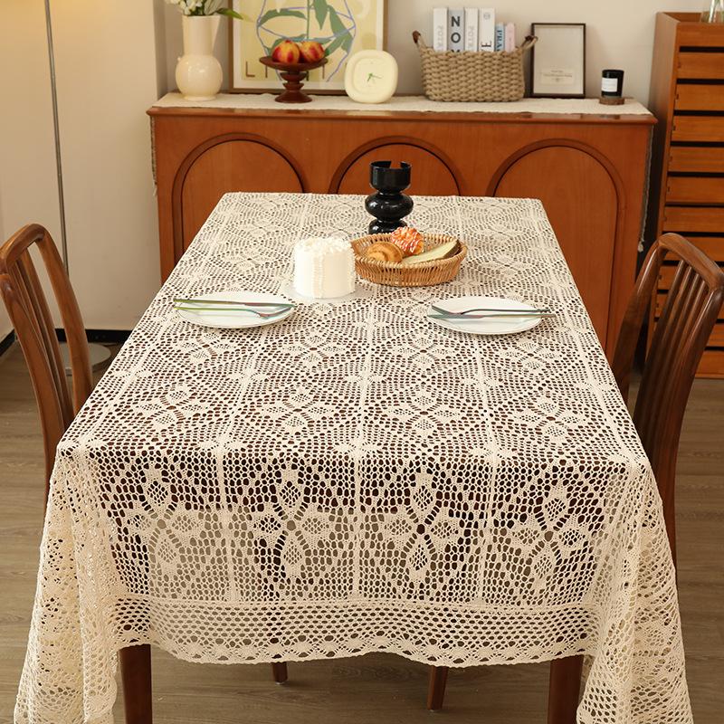 Elegant Retro Pastoral Style Lace Simple Crochet Tablecloth Cotton and Linen Coffee Table Cloth Background Cloth Placemat