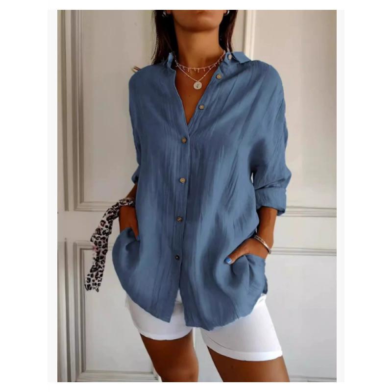 2026 New Single-Breasted Pleated Collar Shirt for Women in Solid Color
