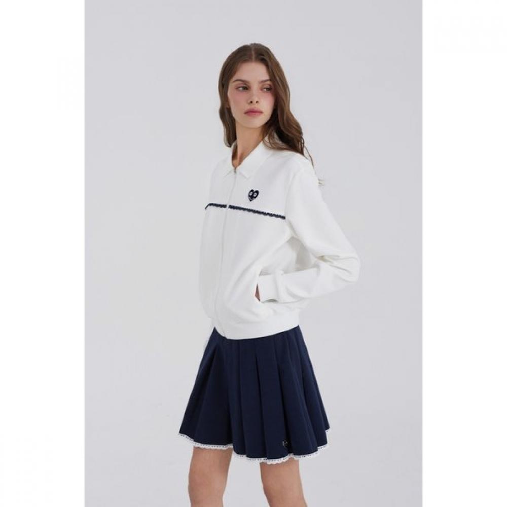 Goxo Smile Heart Lace Collar Zip Up White Navy 