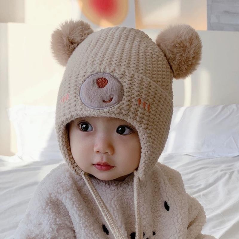 Baby Wool Hat For Boy Girls Cute Bear Ear Protection Hat Children Winter Thickened Warm Knitted Korean Cute Pompom Baby Hat