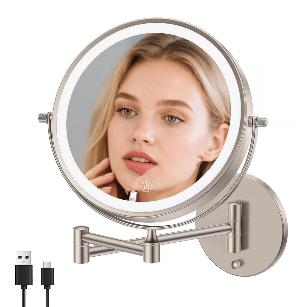 Oglindă de machiaj LED cu două fețe de 8 inch: Montat pe perete, Pliabil, Retractabil, Iluminat, Măritor, Reîncărcabil Oglindă de toaletă pentru baie.