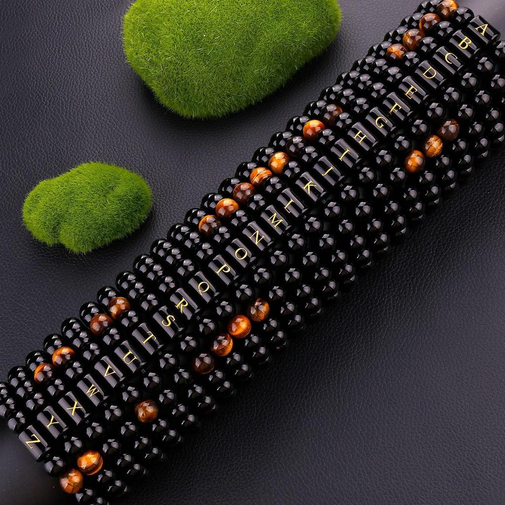 Initialenarmbänder für Männer Buchstabenarmband Natürliches Tigerauge Schwarzer Onyx Perlenarmband Handgefertigter Schmuck Geschenk für Männer