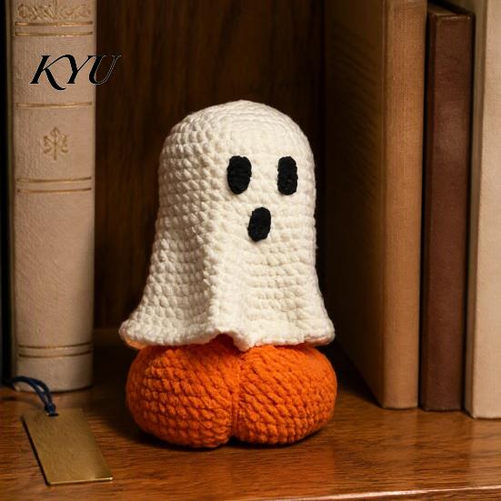 Halloween Shelf Decor Knitted Ghost Pumpkin Ornament, Handmade Cute Crochet Figurine, Fall Home Accents Festive Miniature Handicraft Ornament