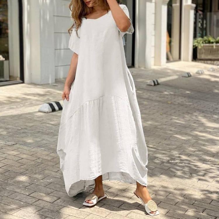 Summer Fashion Women Cotton Linen Maxi Dress Oversized Loose V Neck Long Short Sleeve Sizes S To 5XL