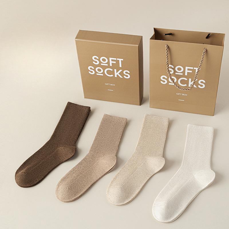 4 Pairs of Gift Box Ladies Autumn and Winter Classic Boneless All Match Solid Color Vertical Stripe Long Stack Socks