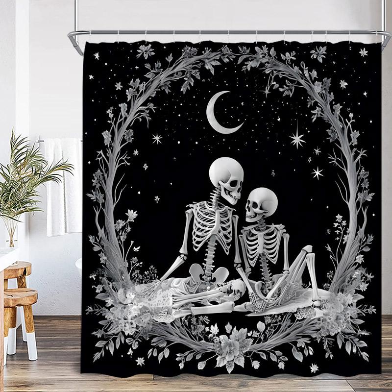 Floral Skull Shower Curtain Blue White Flowers Skeleton Horror Halloween Bath Curtains Polyester Black Bathroom Decor with Hooks