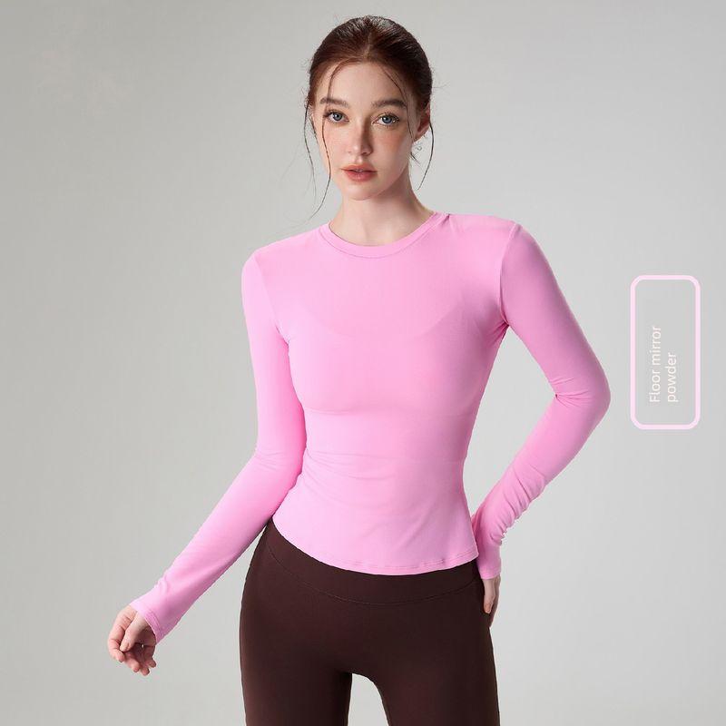 

New Arrival Nude Feel round Neck Waist Trimming Slim Looking Yoga Long Sleeves Women s Slim Fit Inner Wear Workout Top Casual Bottoming Yoga Clothes Prism powder 6/M