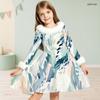 Girls Faux Fur Collar Long Sleeve Printed A Line Flared Dress With Bow