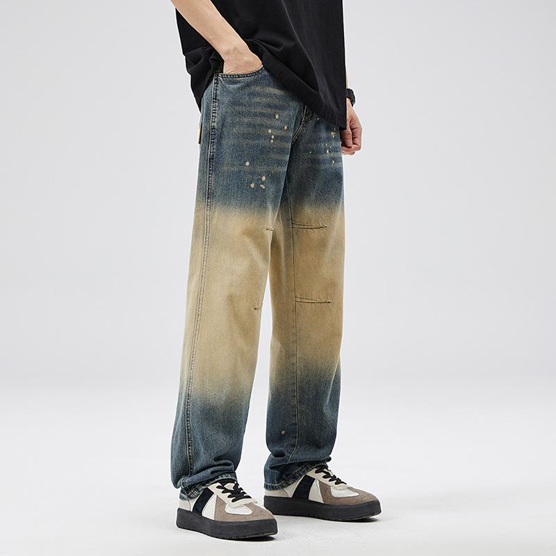 American Retro Washing Gradient Jeans Men's New High Street Wide-leg Trousers