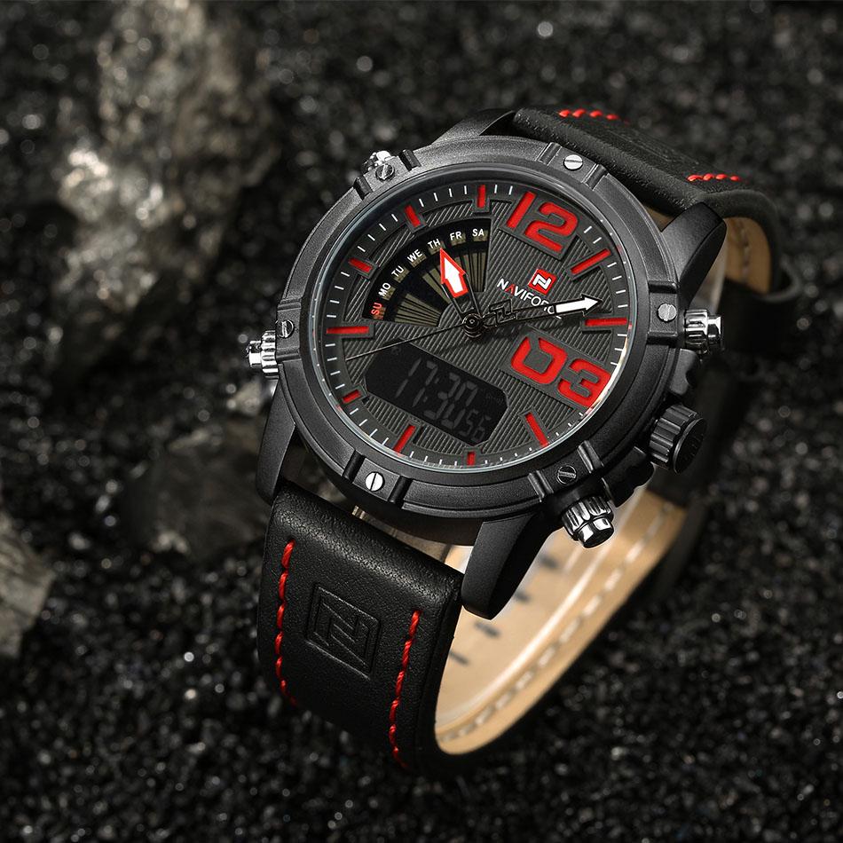 Naviforce Men Casual Brown Leather Sport Watches Fashion Dual Display Digital Quartz Wristwatch