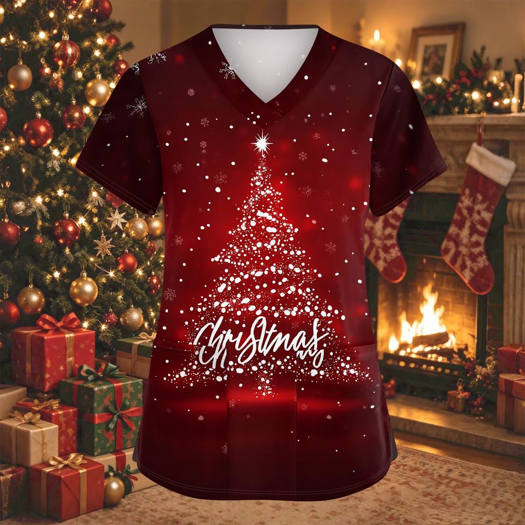 Women's V-Neck Short Sleeve Work Shirt with Christmas Print, Pockets and Side Slits
