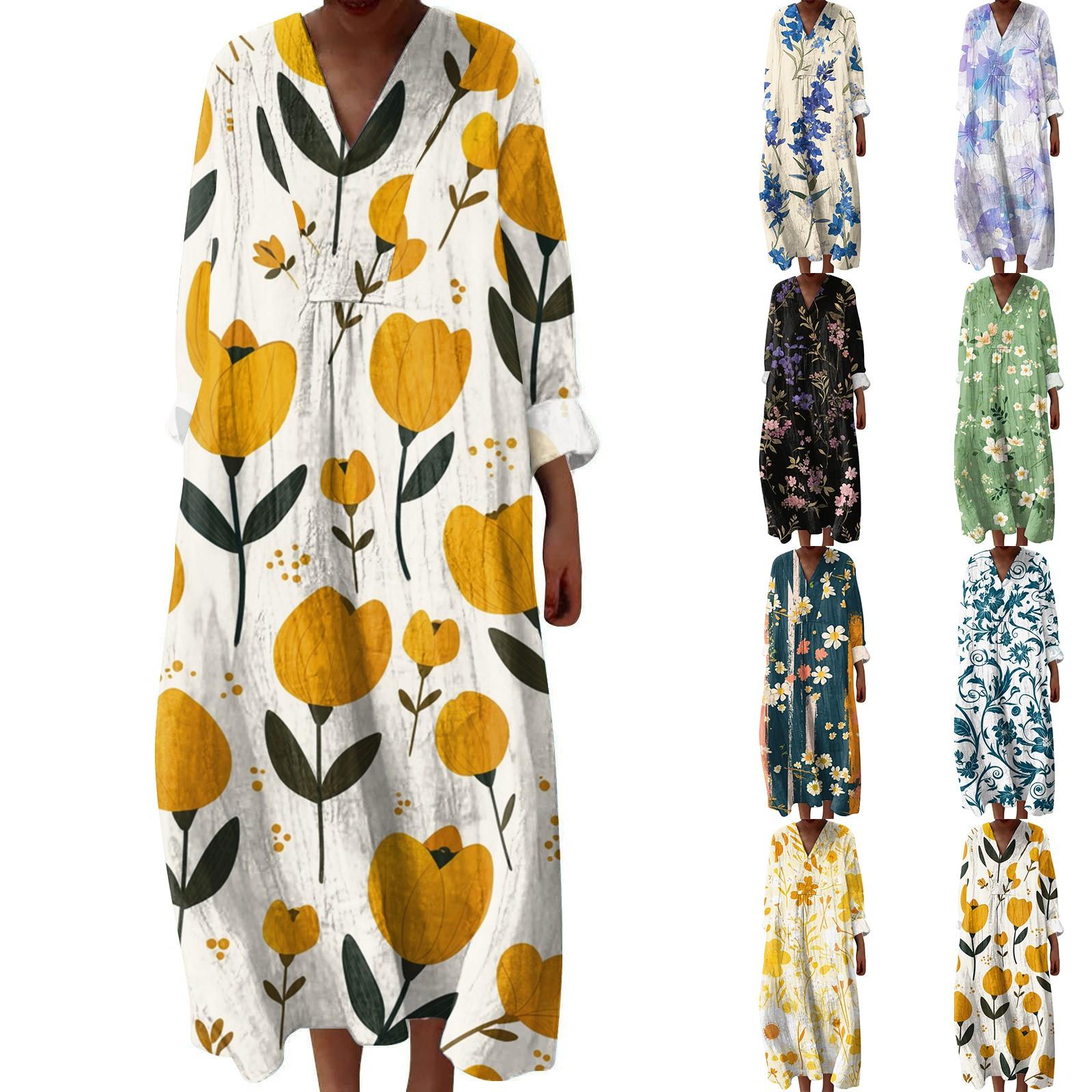 

Women s Casual And Fashionable V-Veck Flower Print Long Sleeved Dress Long Sleeved Dress XL жовтий