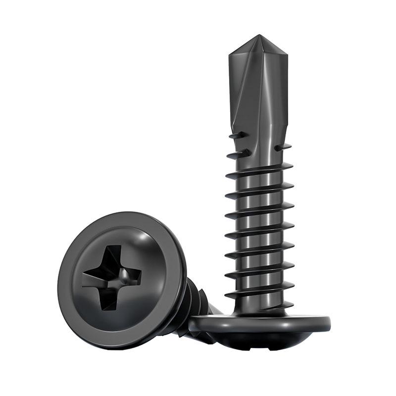 Black Phillips Flat Head Self-Tapping Screws with Washer, 410 Stainless Steel, 4.2M-4.8 Size.