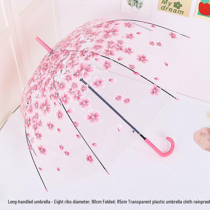 Japanese Forest Style Transparent Cherry Blossom Umbrella with Arched Long Handle for Students