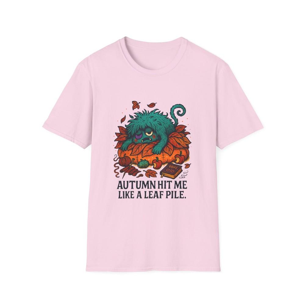 

Unisex Softstyle T-Shirt Fuzzy Monster Leaf Pile Knitting Funny Fall Halloween M