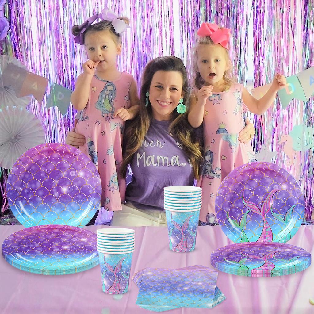 Mermaid Theme Birthday Party Decor Mermaid Disposable Tableware Paper Plates Cup Tablecloth For Girl Mermaid Party Decoration