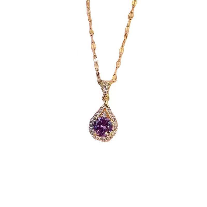 Elegant Purple Zircon Crystal Necklace - Women's High-End Light Luxury Clavicle Chain with Titanium Steel and Copper Pendant