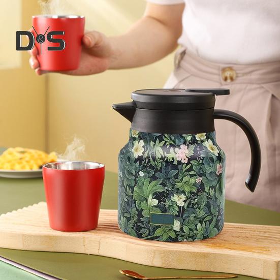 Termal Kahve Sürahisi Dahili Filtreli Yalıtımlı Çaydanlık V Şekilli Ağız Retro Çiçek Desenli Su Çaydanlığı İçecek Sürahisi