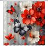 Rote Blume Duschvorhang Retro Burgunder Floral Schmetterling Grau Vintage Abstrakt Blüte Pflanze Badezimmer Dekor Vorhänge Polyester