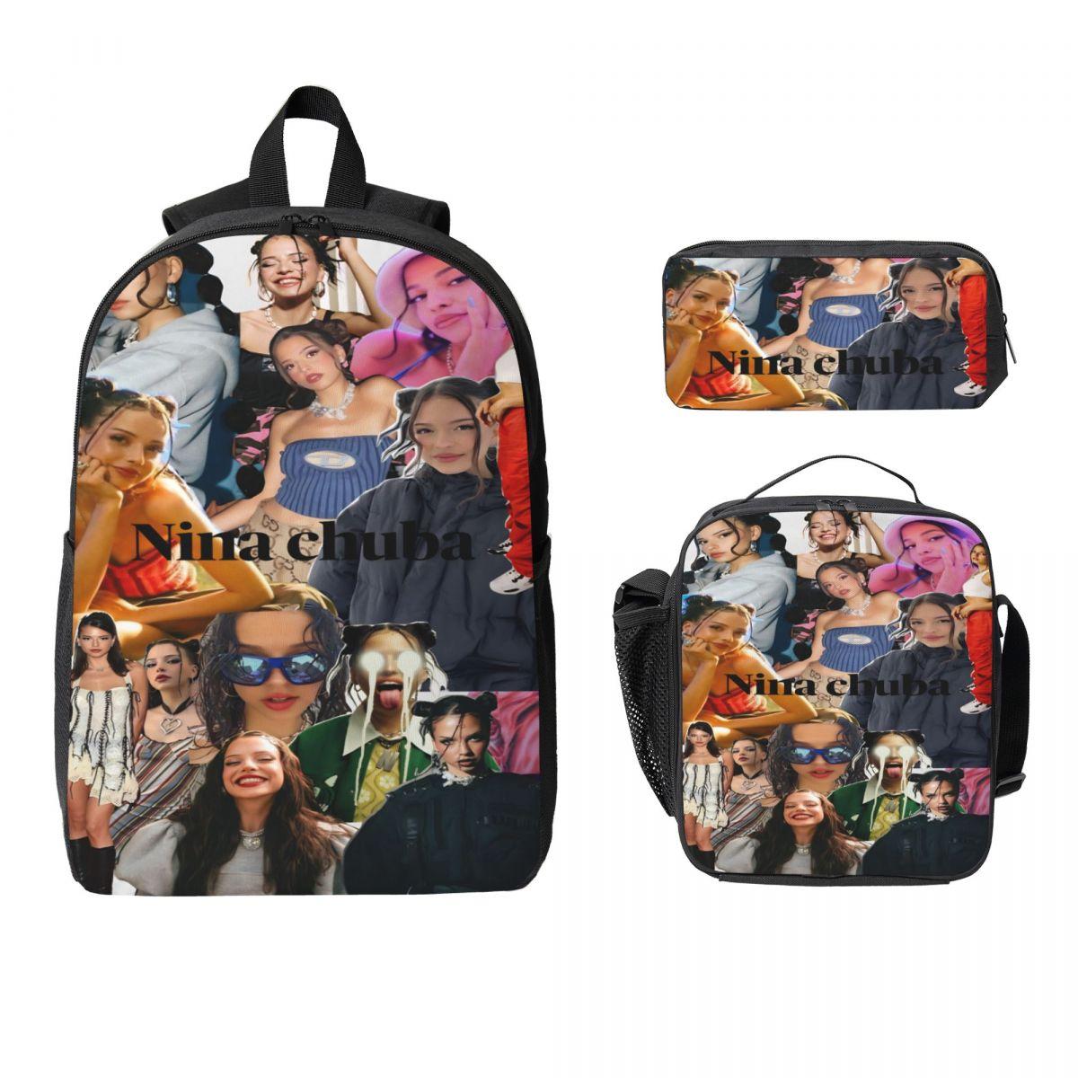 Nina Chuba Zanger Kinderrugzak Lunchbox Etui voor Jongens Meisjes Rugzakken Lichtgewicht Schooltas Boekentas Set black