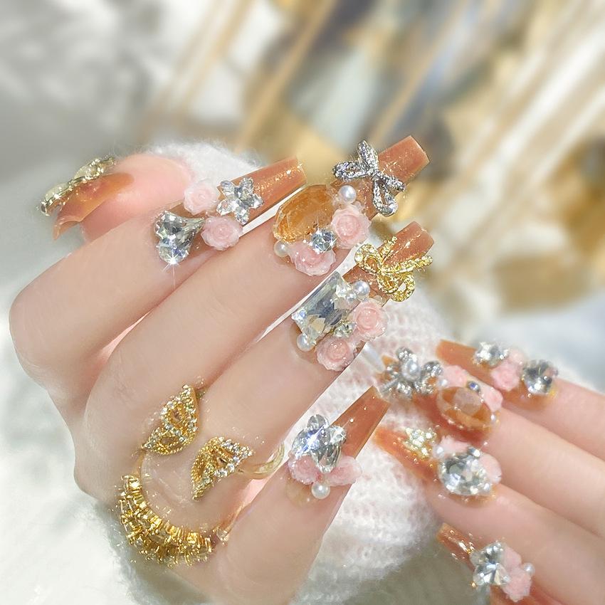 Medium Coffin Press On Nails with Rhinestones Designs Reusable Full Cover Glue On Fake Nails Press Ons Artificial False Nails Stick On Nails for Women